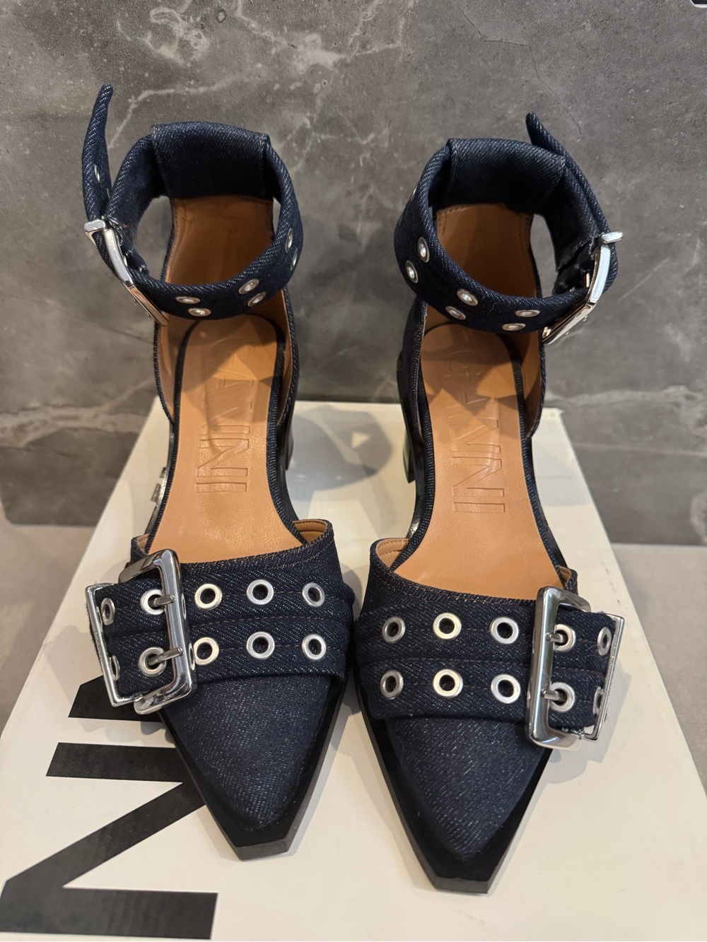 Ganni Navy Denim Pointed Buckle Ankle-Strap Heels